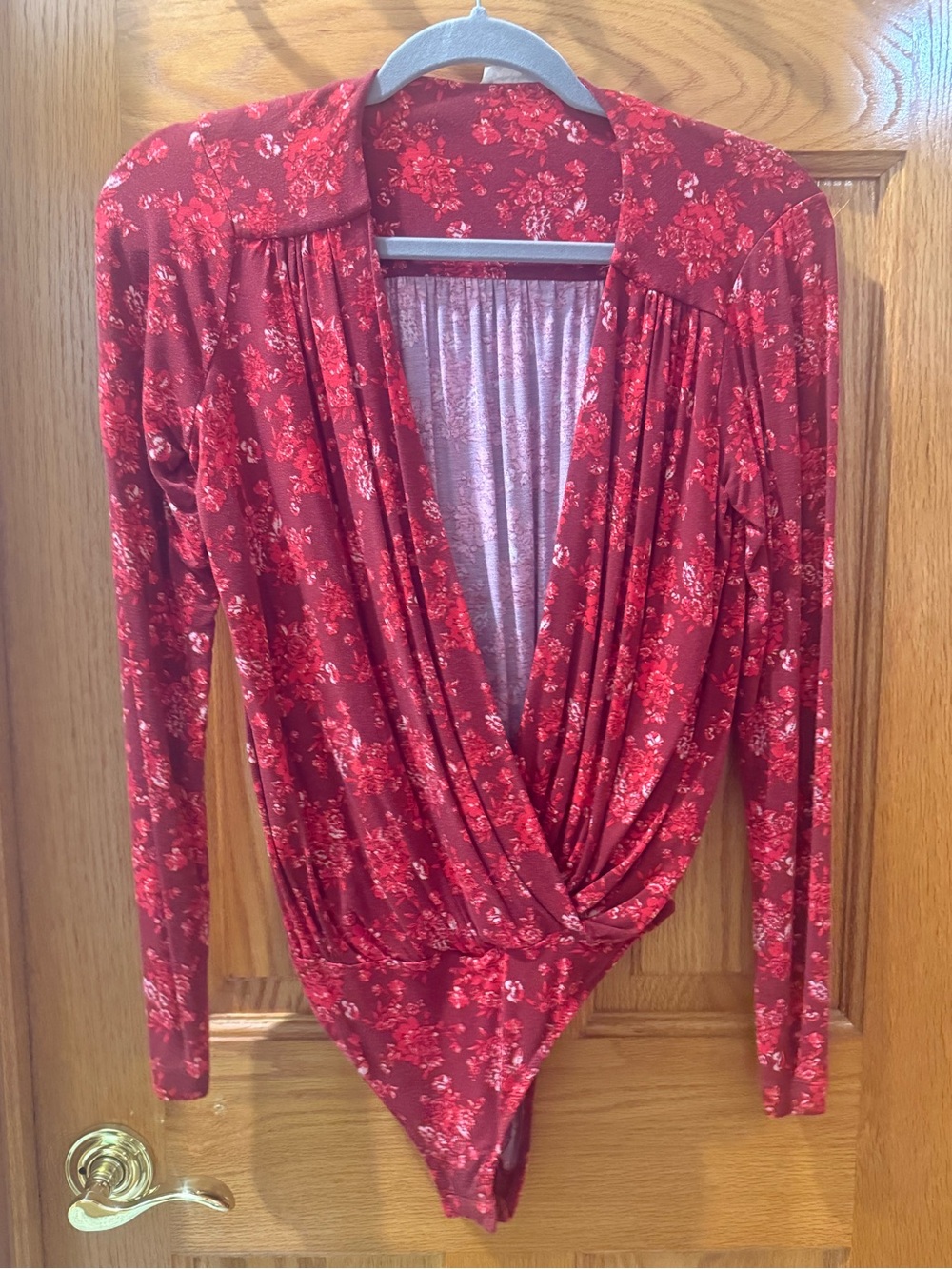 Free People Red Floral Wrap-Front Long-Sleeve Bodysuit